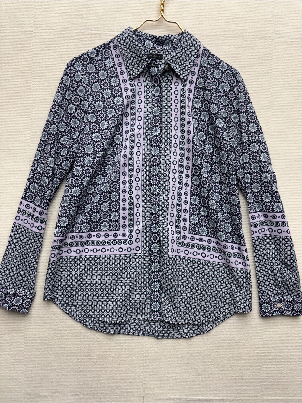 Talbots Navy and Lavender Geometric Button-Down Shirt m